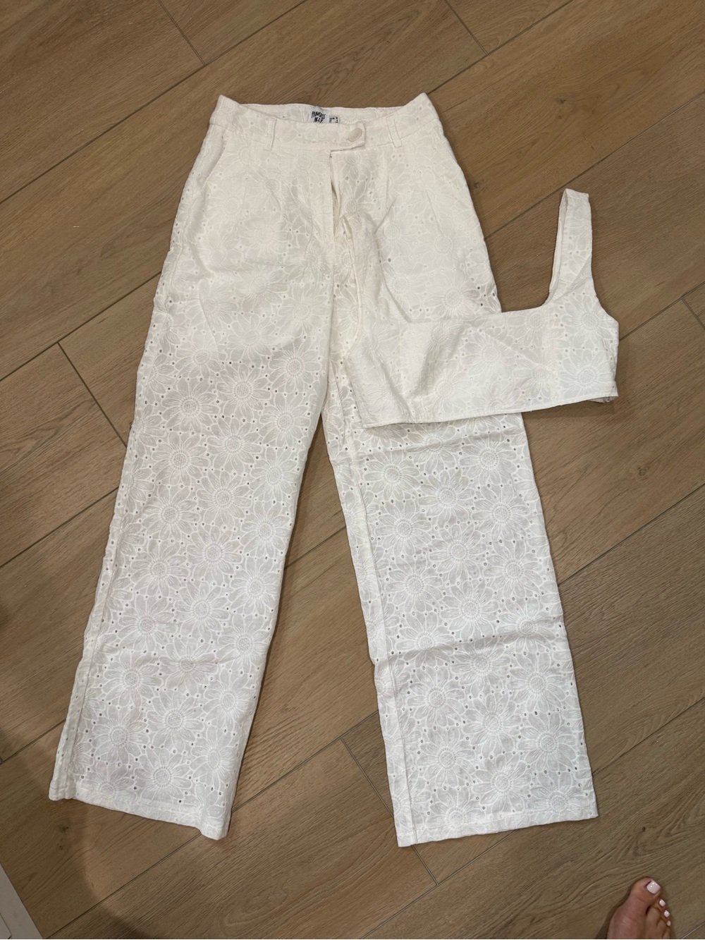 Princess Polly White Eyelet Crop Top & Wide Leg Pant Set